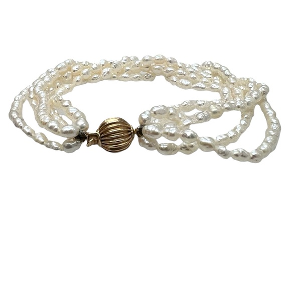 VINTAGE 8" LONG 5 STRAND RICE FRESHWATER PEARL WITH 14K BALL CLASP BRACELET - Picture 7 of 9